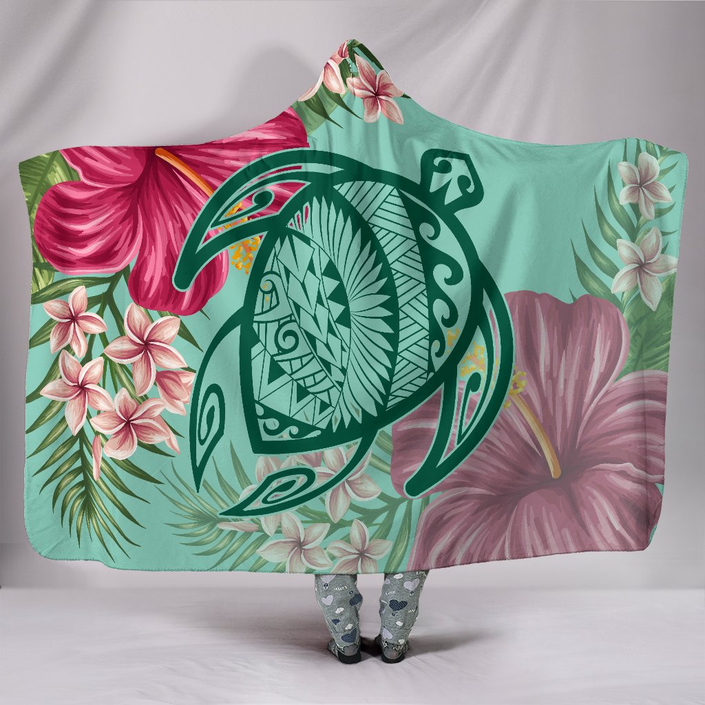 Hawaii Turtle Hibiscus Plumeria Hooded Blanket - Hug Style Hooded Blanket Turquoise - Polynesian Pride