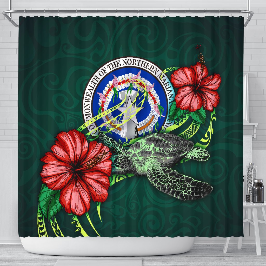 Northern Mariana Islands Polynesian Shower Curtain - Green Turtle Hibiscus 177 x 172 (cm) Green - Polynesian Pride