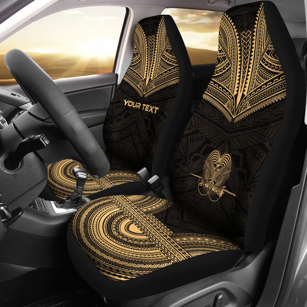 Papua New Guinea Custom Personalised Car Seat Cover - Papua New Guinea Coat Of Arms Polynesian Chief Tattoo Gold Version Universal Fit Gold - Polynesian Pride