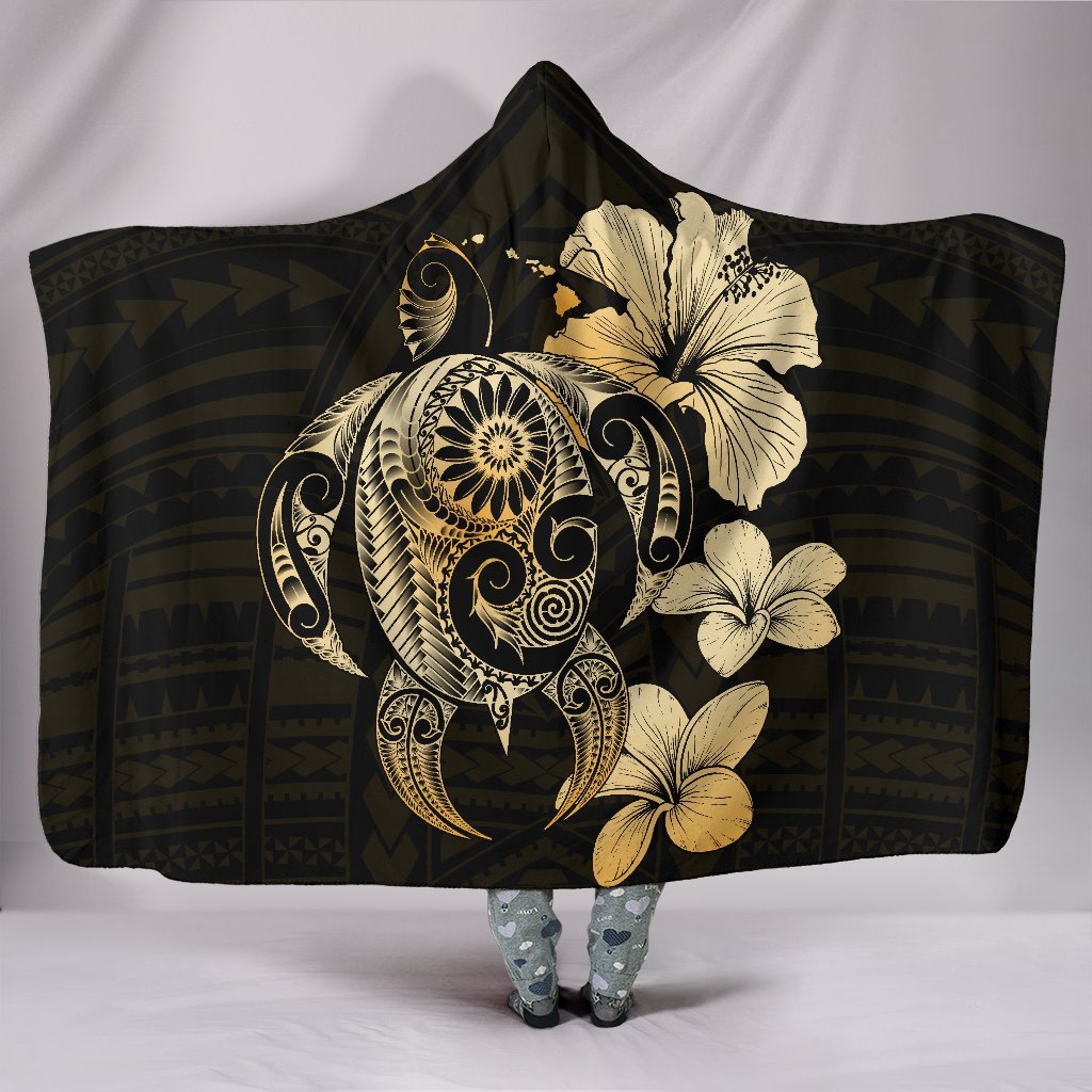 Hibiscus Plumeria Mix Polynesian Gold Turtle Hooded Blanket Hooded Blanket Youth 60"x45" Gold - Polynesian Pride