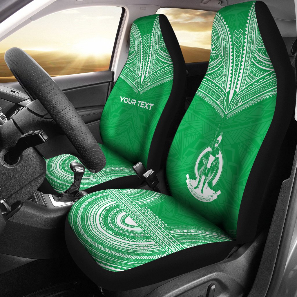 Vanuatu Custom Personalised Car Seat Cover - Vanuatu Coat Of Arms Polynesian Chief Tattoo Green Version Universal Fit Green - Polynesian Pride