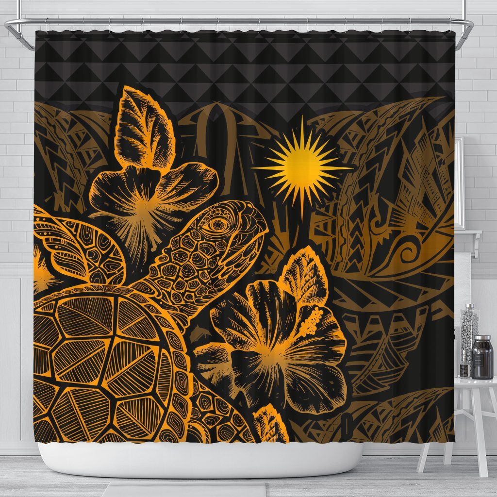 Marshall Islands Shower Curtain Turtle Hibiscus Gold 177 x 172 (cm) Gold - Polynesian Pride