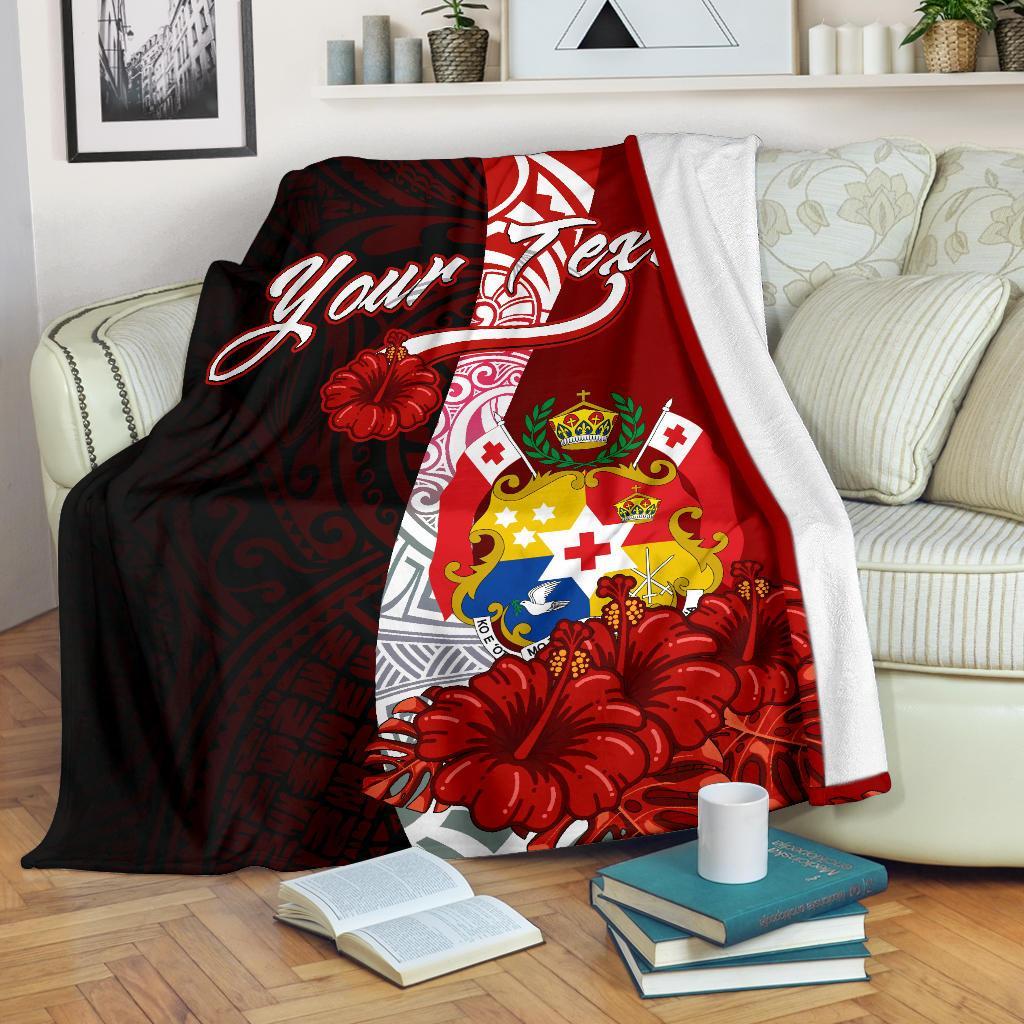 Tonga Polynesian Custom Personalised Premium Blanket - Coat Of Arm With Hibiscus White - Polynesian Pride