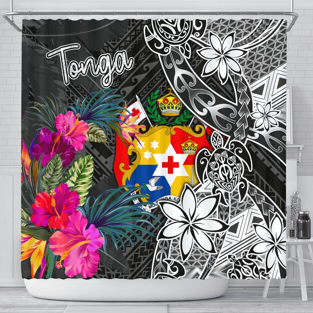 Tonga Shower Curtain - Turtle Floral 177 x 172 (cm) BLACK - Polynesian Pride