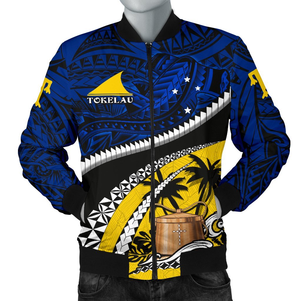 Tokelau Men's Bomber Jacket Polynesian Shark Tattoo Blue - Polynesian Pride