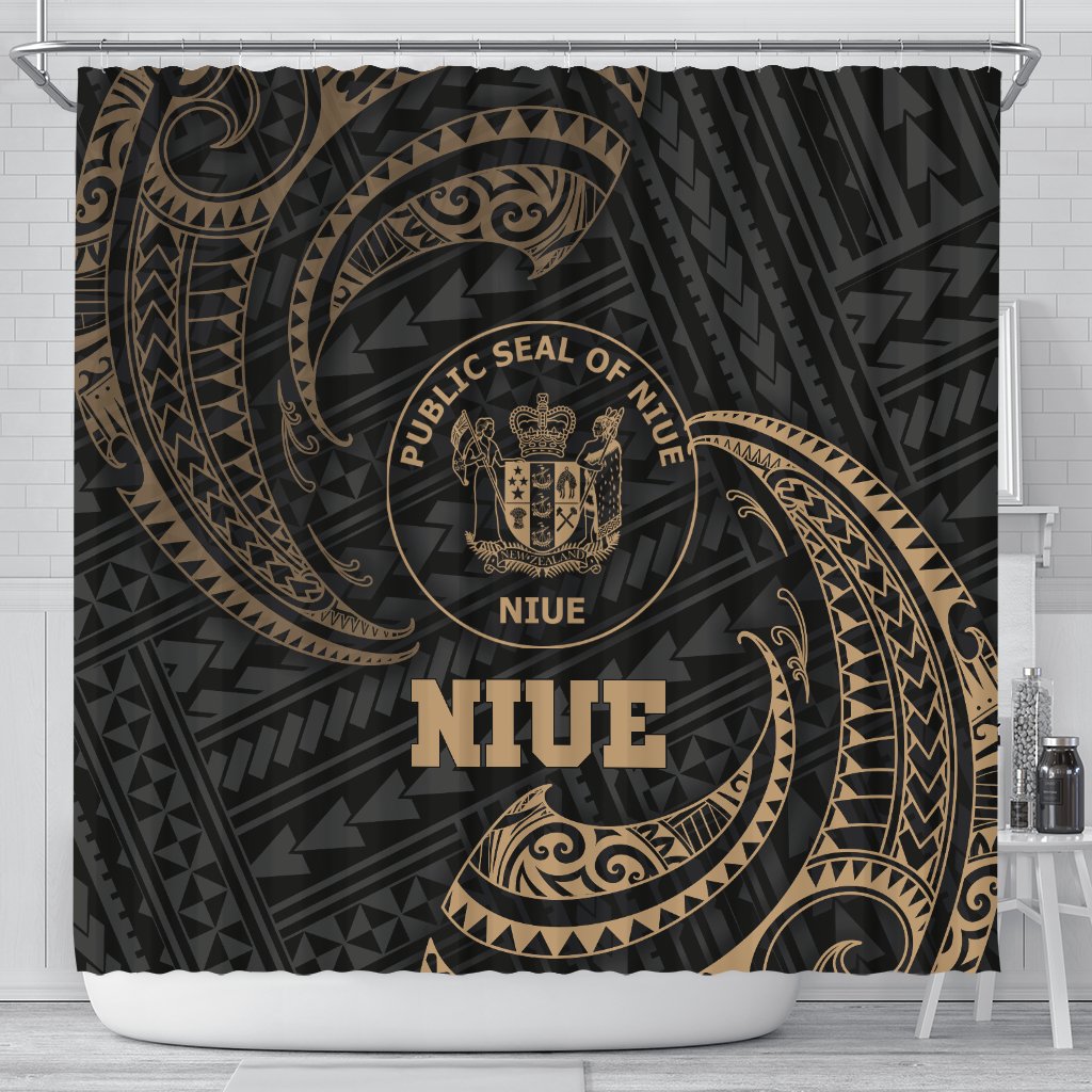 Niue Polynesian Shower Curtain - Gold Tribal Wave 177 x 172 (cm) Black - Polynesian Pride