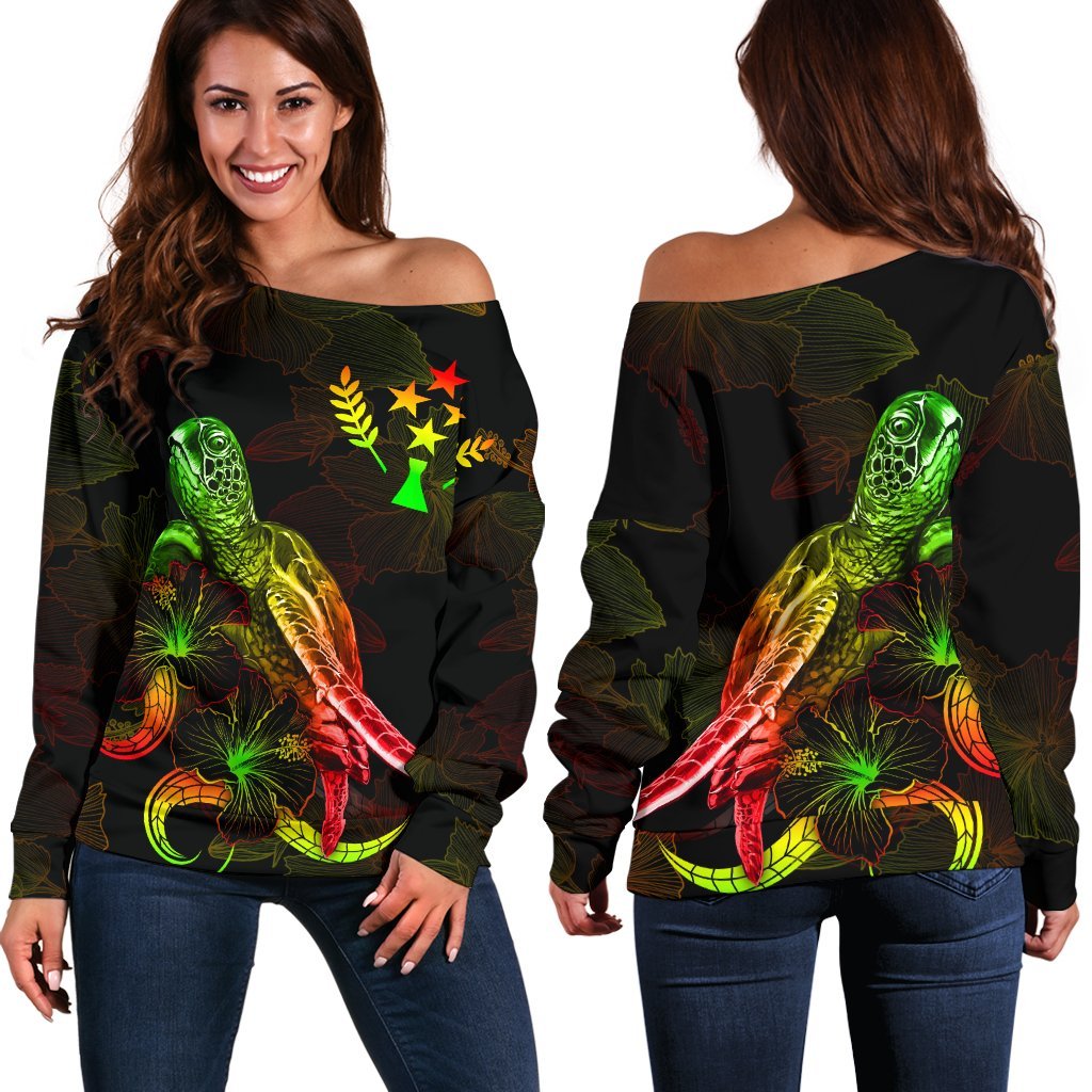 Kosrae Polynesian Women's Off Shoulder Sweater - Turtle With Blooming Hibiscus Reggae Art - Polynesian Pride