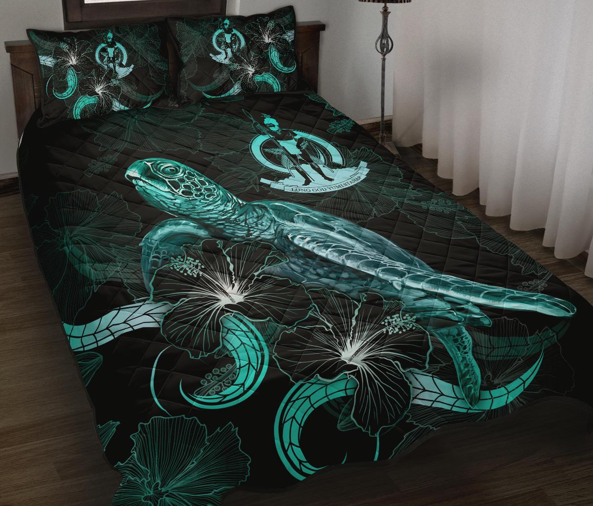 Vanuatu Polynesian Quilt Bed Set - Turtle With Blooming Hibiscus Turquoise Turquoise - Polynesian Pride