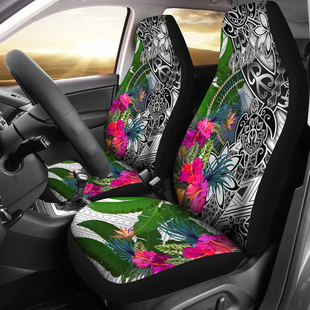 Palau Car Seat Covers White - Turtle Plumeria Banana Leaf Crest Universal Fit White - Polynesian Pride