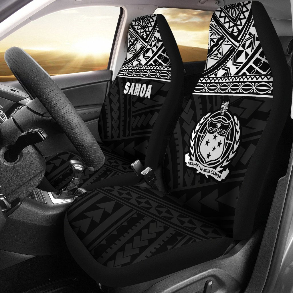 Samoa Car Seat Covers - Samoa White Coat Of Arms Polynesian Tattoo Universal Fit Black - Polynesian Pride