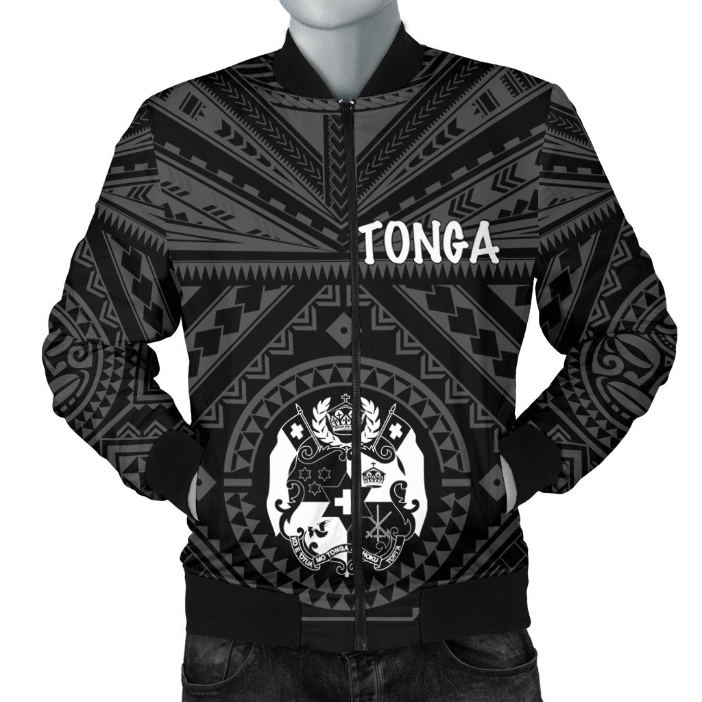 Tonga Men's Bomber Jacket - Tonga Seal With Polynesian Tattoo Style (Black) Black - Polynesian Pride