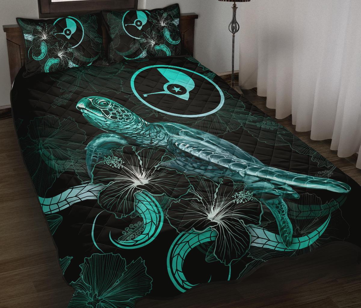 Yap Polynesian Quilt Bed Set - Turtle With Blooming Hibiscus Turquoise Turquoise - Polynesian Pride