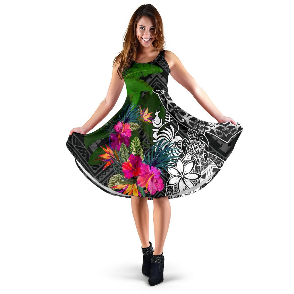 New Caledonia Midi Dress - Turtle Plumeria Banana Leaf Crest Women Black - Polynesian Pride