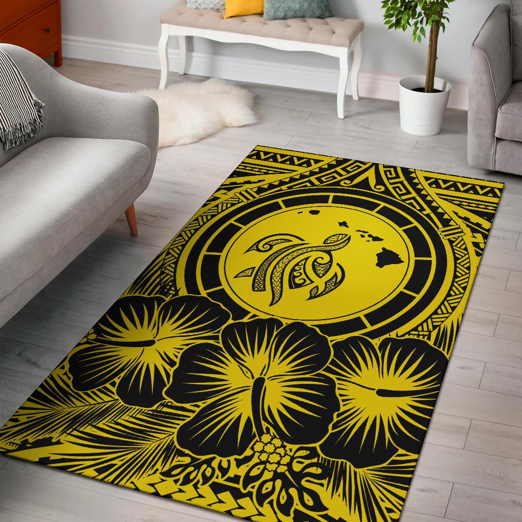 Hawaii Map Honu Hibiscus Polynesian Area Rug Yellow AH - Polynesian Pride