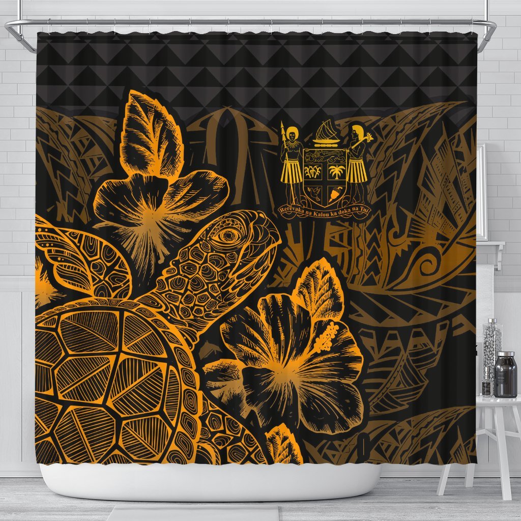 Fiji Shower Curtain Turtle Hibiscus Gold 177 x 172 (cm) Gold - Polynesian Pride