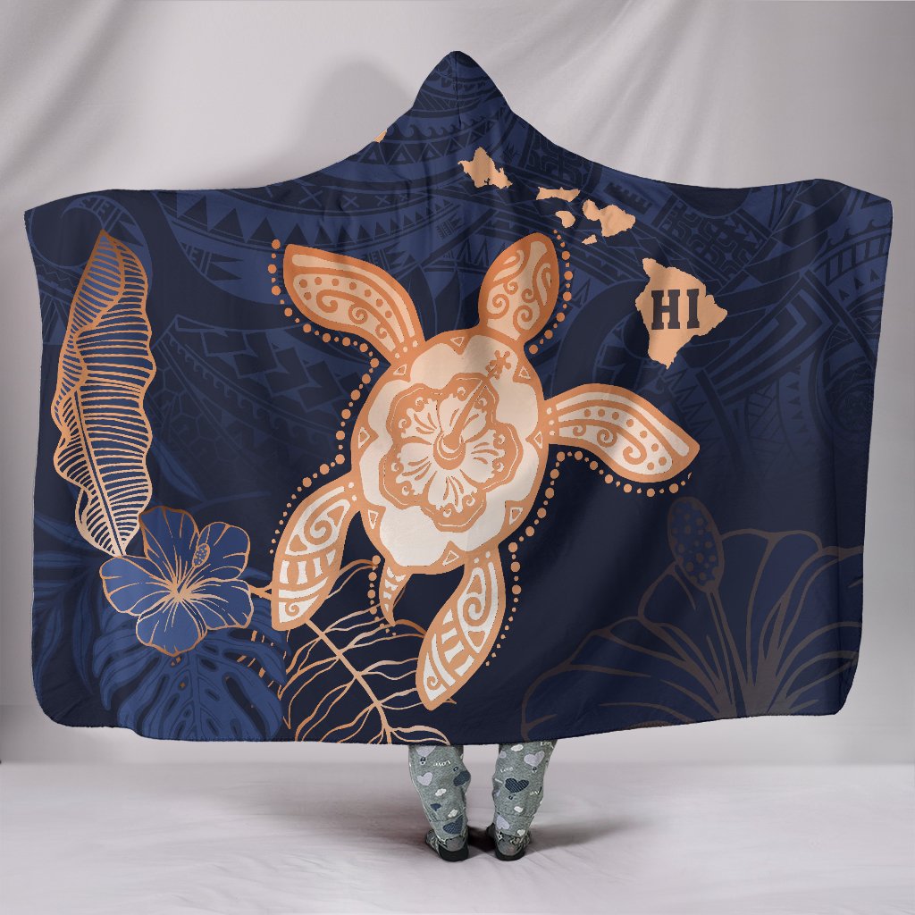 Hawaii Kakau Polynesian Turtle Map Hooded Blanket - Indigo Ver 1 Hooded Blanket Blue - Polynesian Pride