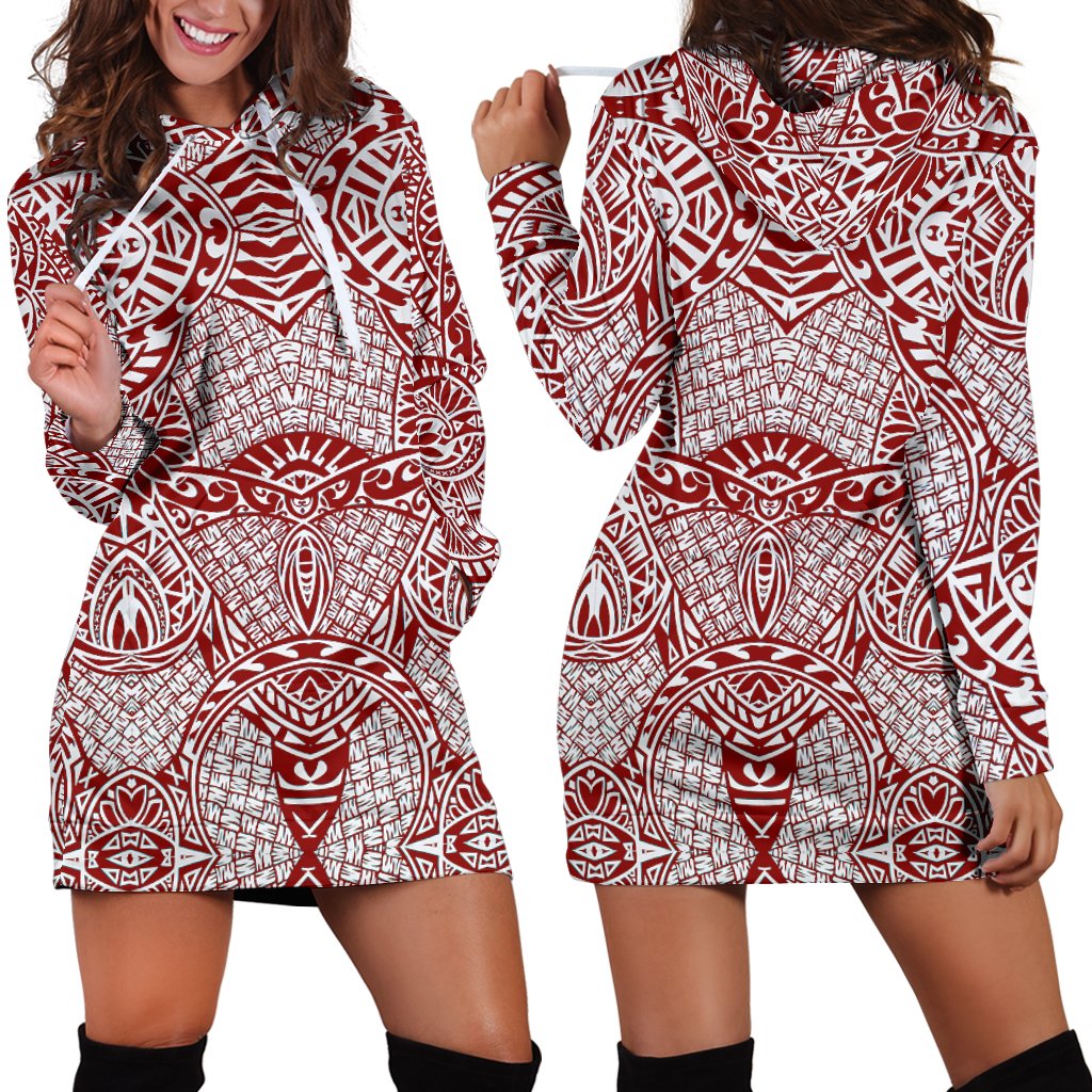 Polynesian Women's Hoodie Dress - Polynesian White Red White And Red - Polynesian Pride