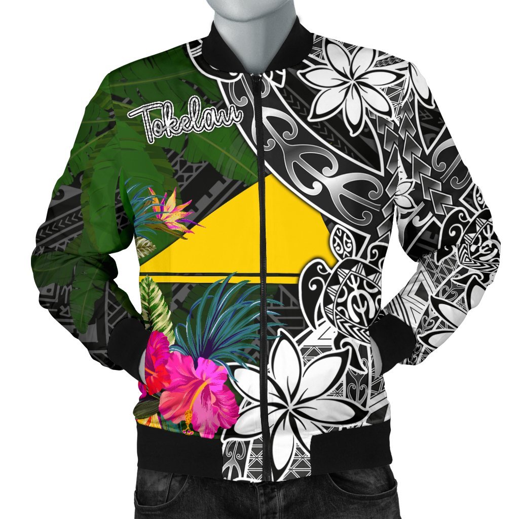 Tokelau Men Bomber Jacket - Turtle Plumeria Banana Leaf Black - Polynesian Pride