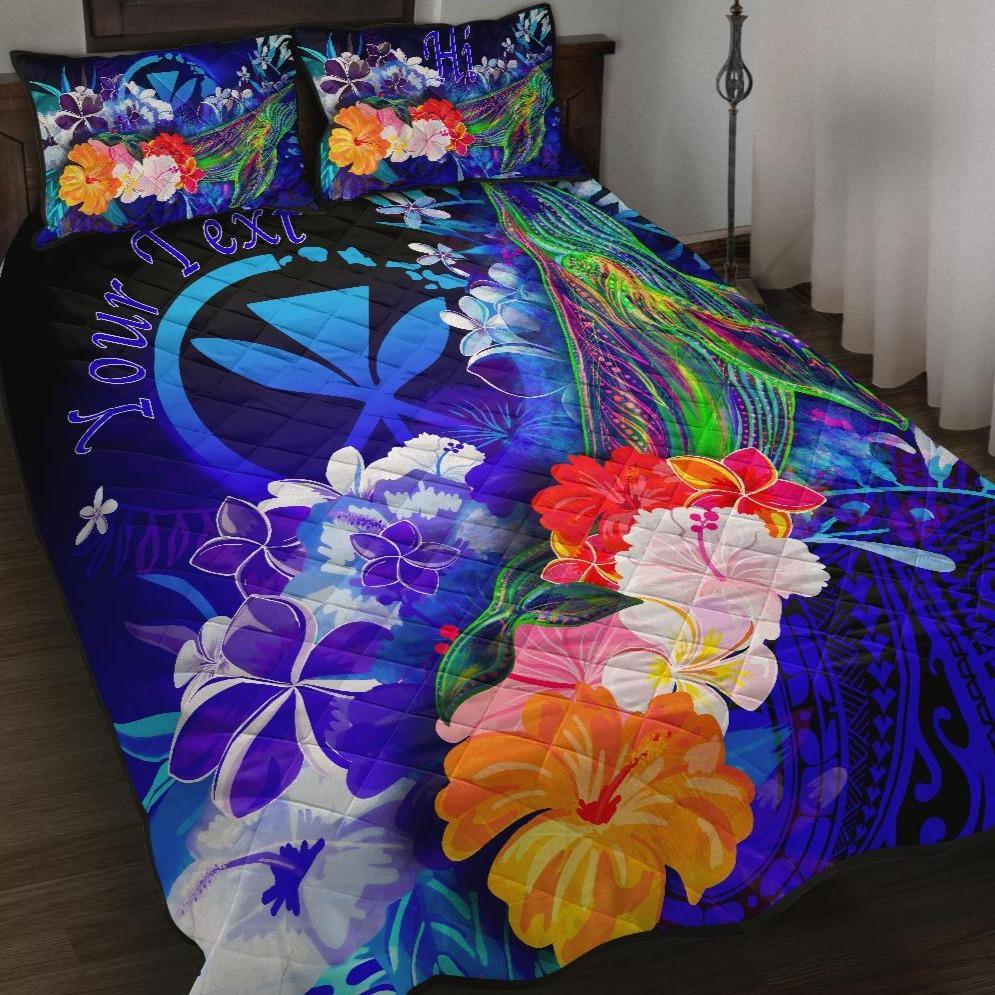 Polynesian Hawaii Custom Personalised Premium Quilt Bed Set - Kanaka Maoli Humpback Whale with Tropical Flowers (Blue) Blue - Polynesian Pride