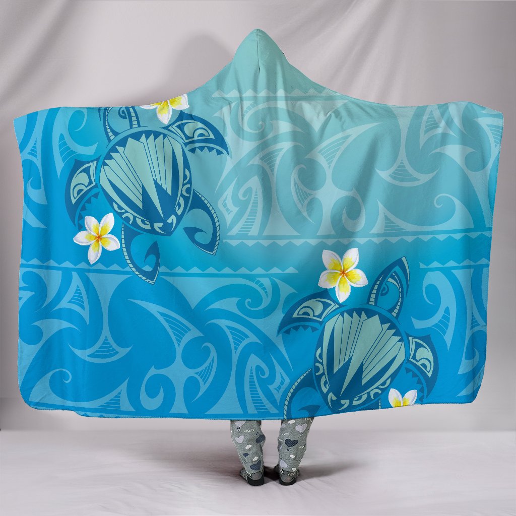 Hawaii Plumeria Deep Blue Turtle Hooded Blanket Hooded Blanket Blue - Polynesian Pride