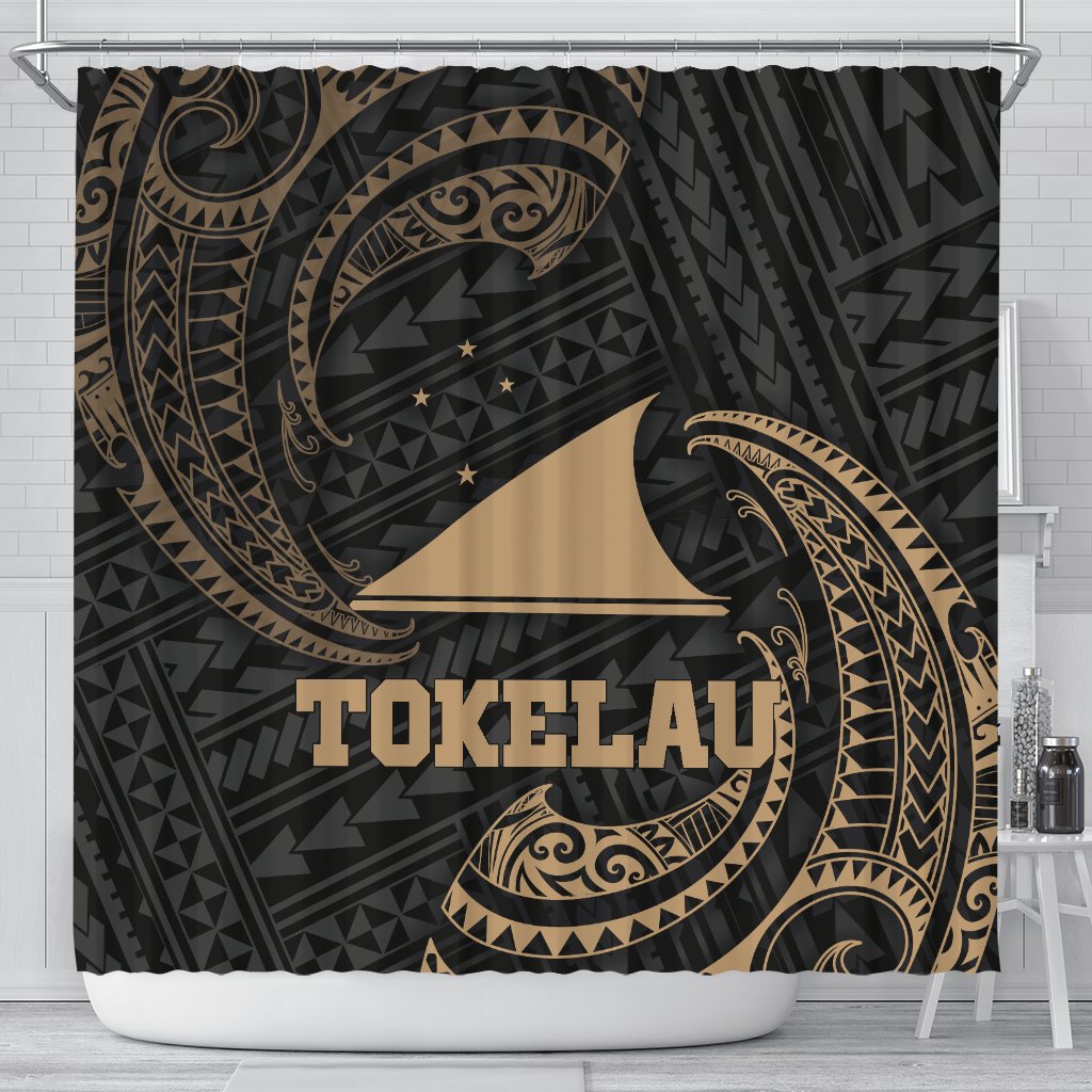 Tokelau Polynesian Shower Curtain - Gold Tribal Wave 177 x 172 (cm) Black - Polynesian Pride