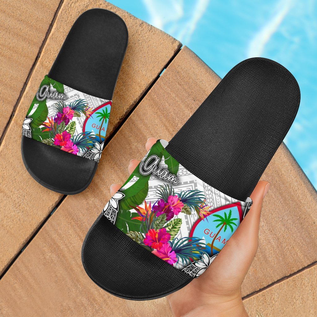 Guam Slide Sandals - Turtle Plumeria Banana Leaf Black - Polynesian Pride