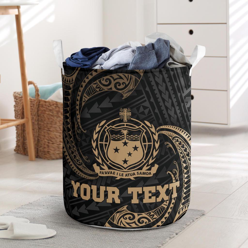 Samoa Polynesian Custom Personalised Laundry Basket - Gold Tribal Wave One Style One Size Black - Polynesian Pride