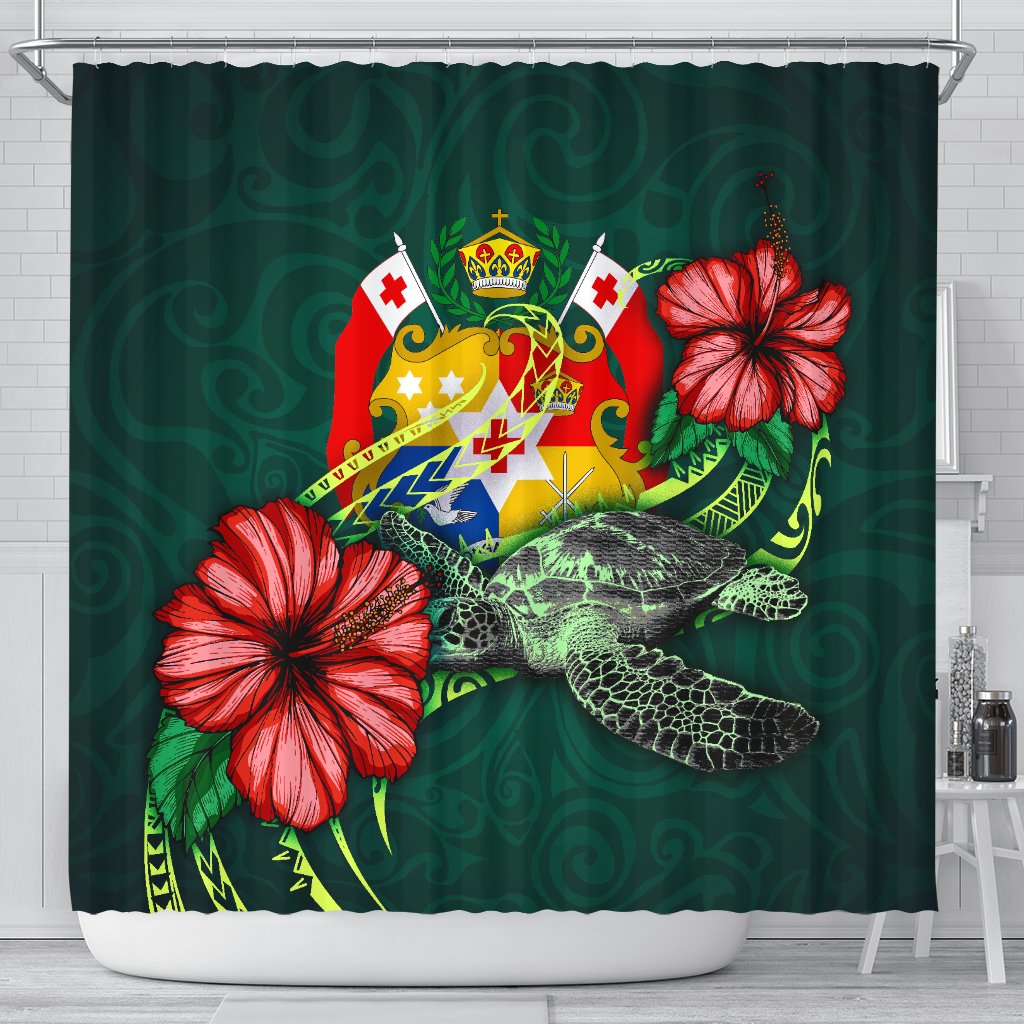 Tonga Polynesian Shower Curtain - Green Turtle Hibiscus 177 x 172 (cm) Green - Polynesian Pride