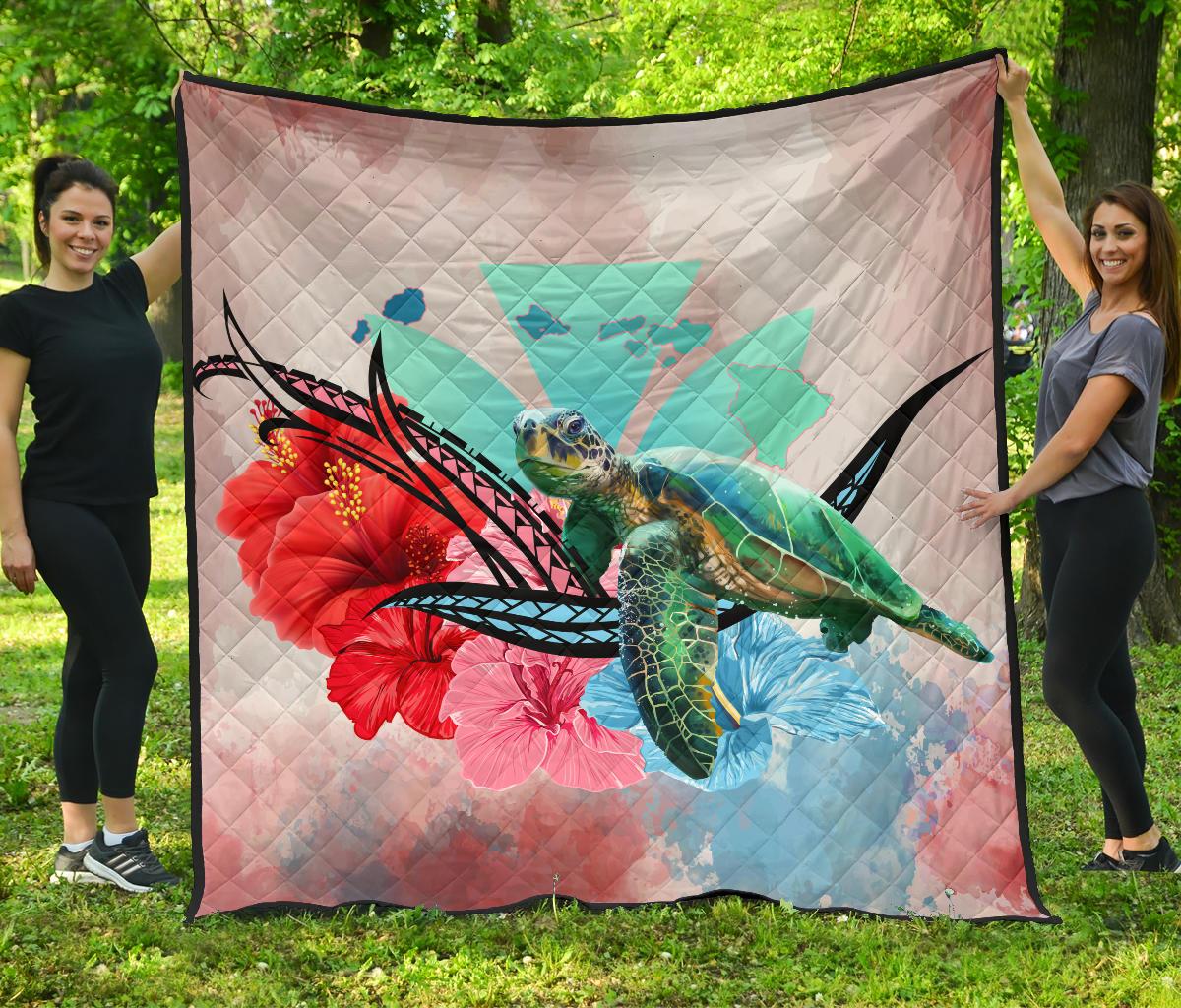 Hawaii Map Kanaka Sea Turtle Hibiscus Premium Quilt - AH - Blue Pink Pink - Polynesian Pride