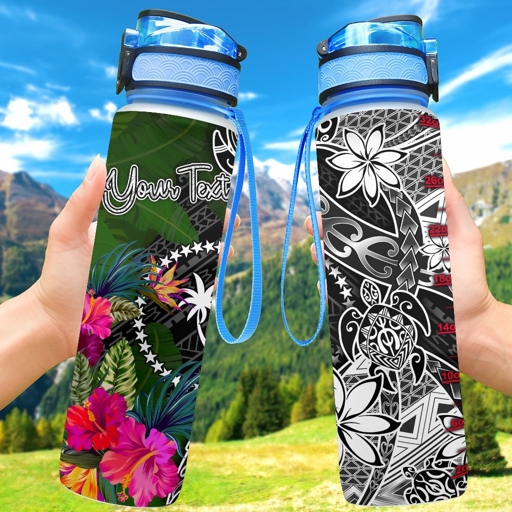 Chuuk Custom Personalised Hydro Tracking Bottle - Turtle Plumeria Banana Leaf Hydro Tracking Bottle 32oz Large Black - Polynesian Pride