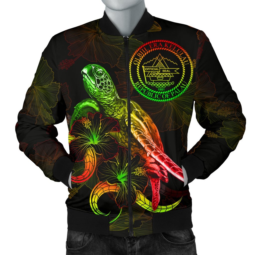 Palau Polynesian Men's Bomber Jacket - Turtle With Blooming Hibiscus Reggae Reggae - Polynesian Pride