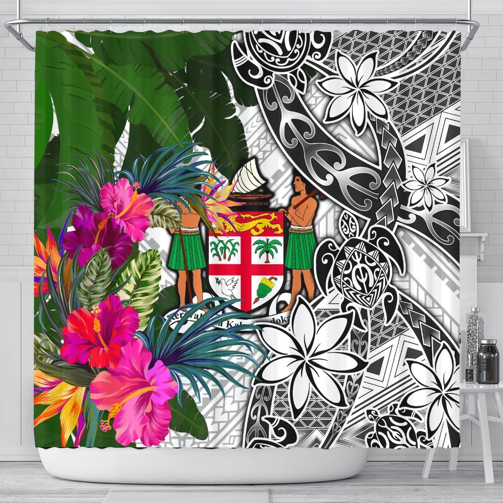 Fiji Shower Curtain White - Turtle Plumeria Banana Leaf Crest 177 x 172 (cm) White - Polynesian Pride