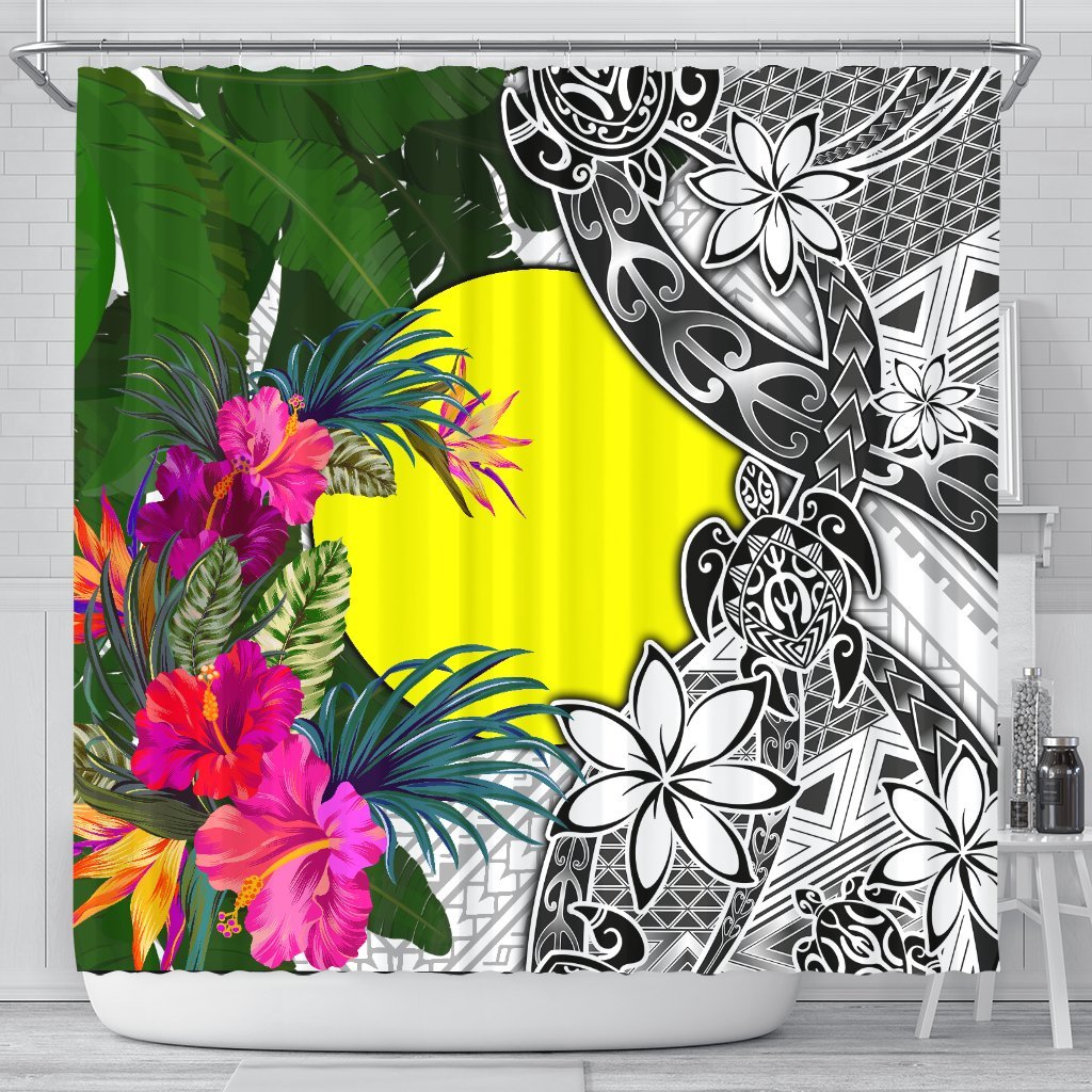 Palau Shower Curtain White - Turtle Plumeria Banana Leaf 177 x 172 (cm) White - Polynesian Pride