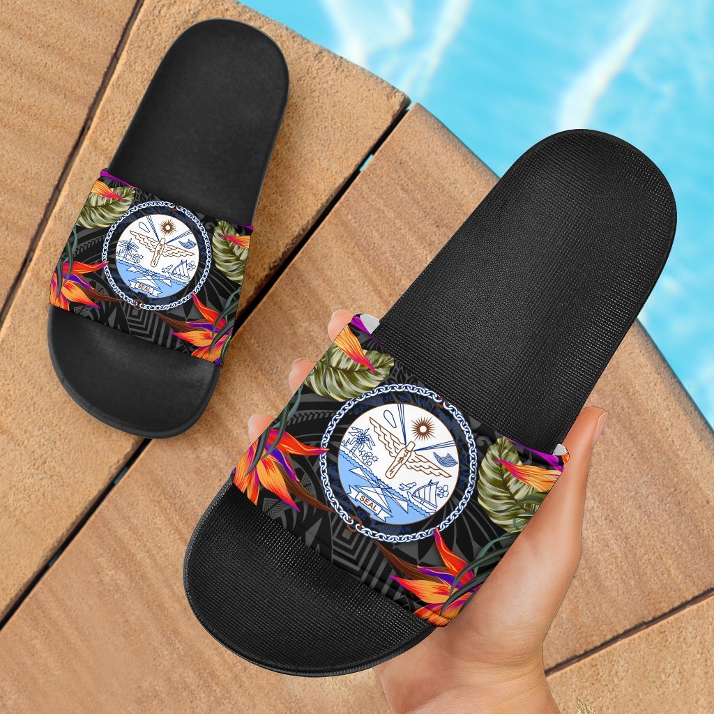 Marshall Islands Slide Slide Sandals - Polynesian Hibiscus Pattern Black - Polynesian Pride