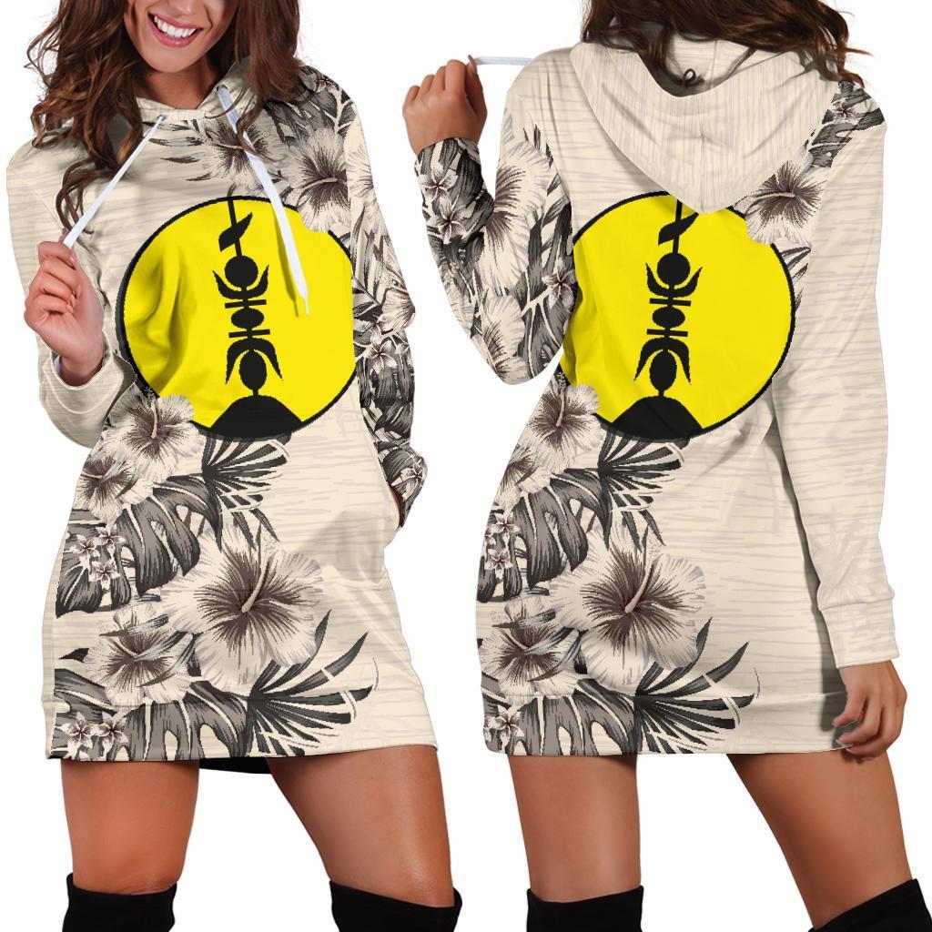 New Caledonia Hoodie Dress - New Caledonia Flag & Beige Hibiscus White - Polynesian Pride