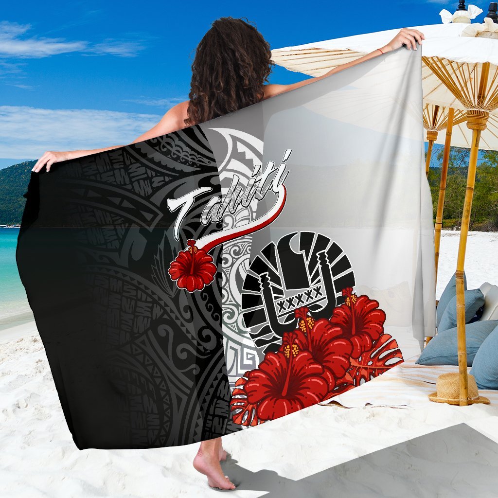 Tahiti Polynesian Sarong - Coat Of Arm With Hibiscus White One Style One Size Black - Polynesian Pride