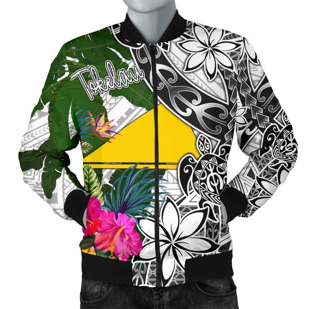 Tokelau Men's Bomber Jacket White - Turtle Plumeria Banana Leaf White - Polynesian Pride