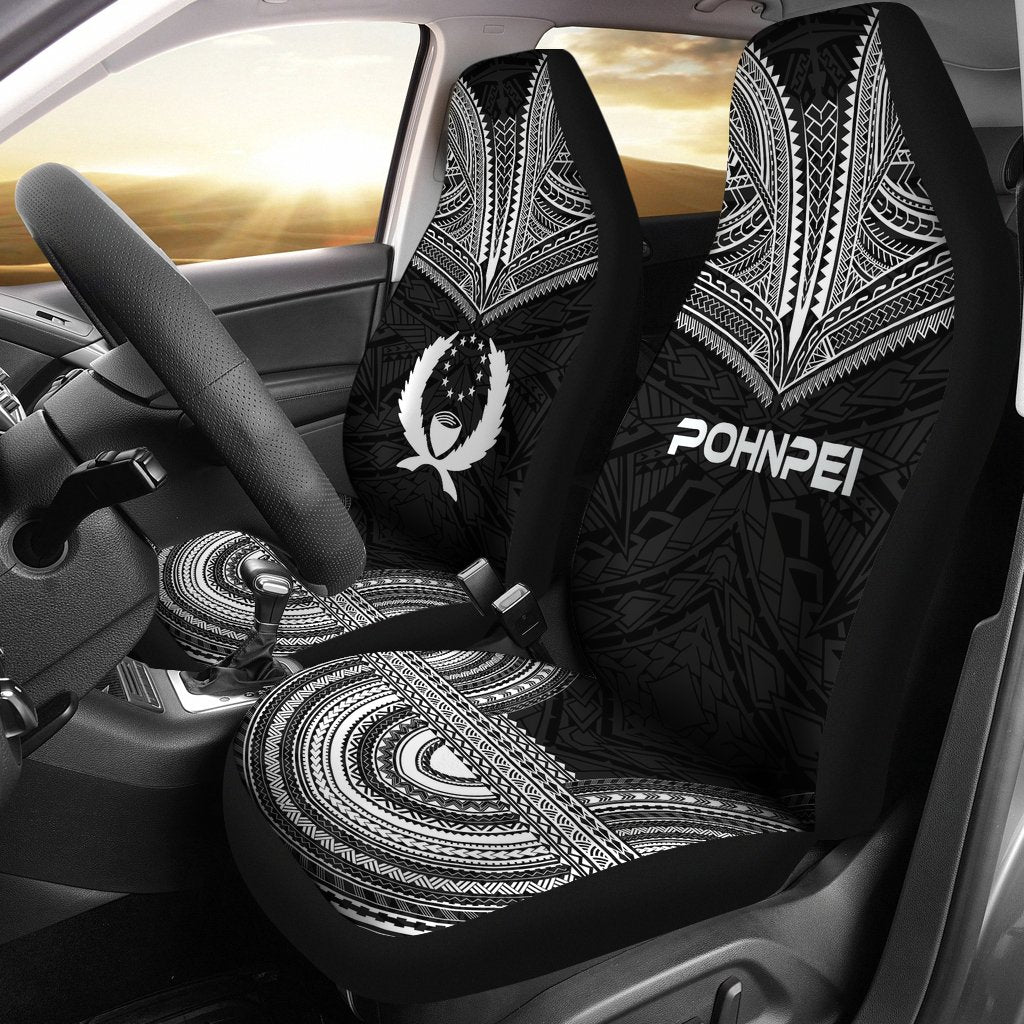 Pohnpei Car Seat Cover - Pohnpei Flag Polynesian Chief Tattoo Black Version Universal Fit Black - Polynesian Pride