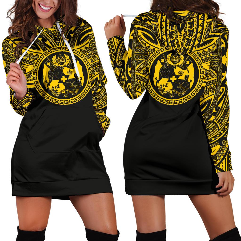 Tonga Women Hoodie Dress - Tonga Coat Of Arms Polynesian Gold Black Gold - Polynesian Pride