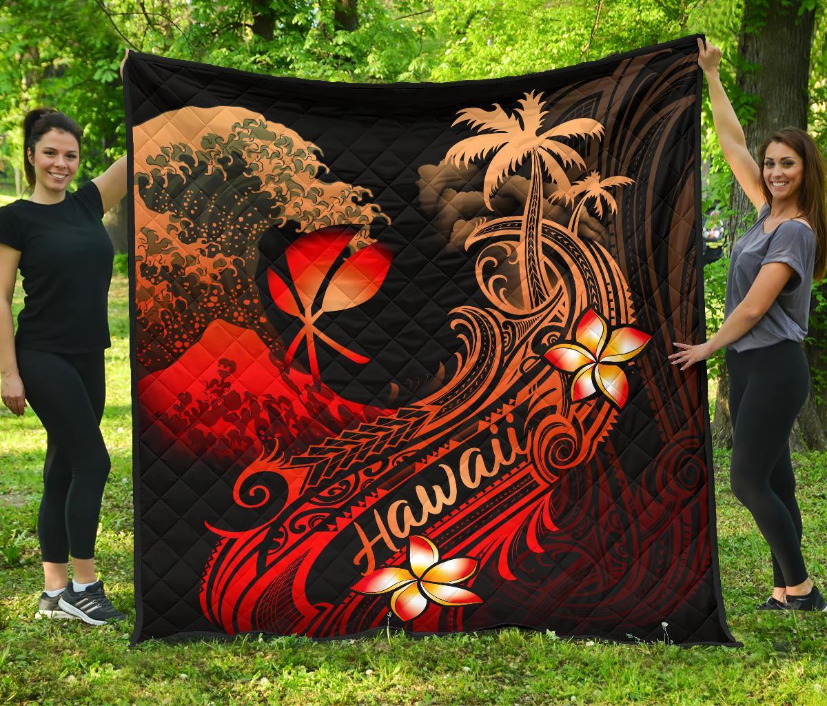 Hawaii Polynesian Premium Quilt - Plumeria Flowers And Waves Red - Polynesian Pride