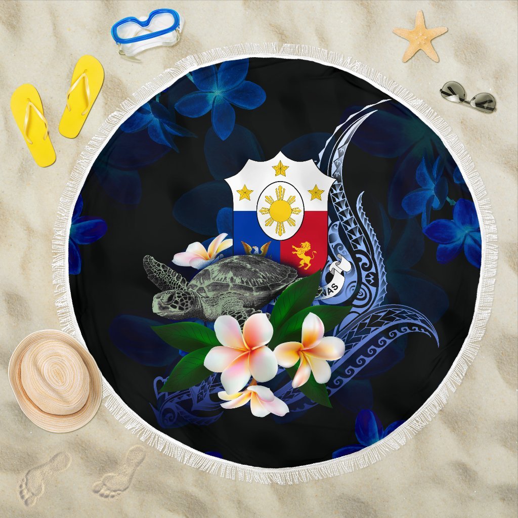 Philippines Polynesian Beach Blanket - Turtle With Plumeria Flowers One style One size Blue - Polynesian Pride