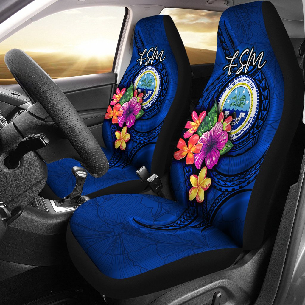 Federated States of Micronesia Car Seat Covers - Floral With Seal Blue Universal Fit Blue - Polynesian Pride