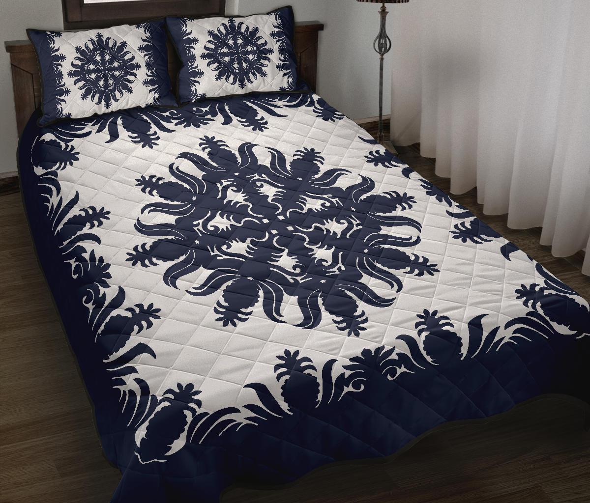 Hawaiian Quilt Pineapple Tropical Quilt Bed Set - AH Blue - Polynesian Pride