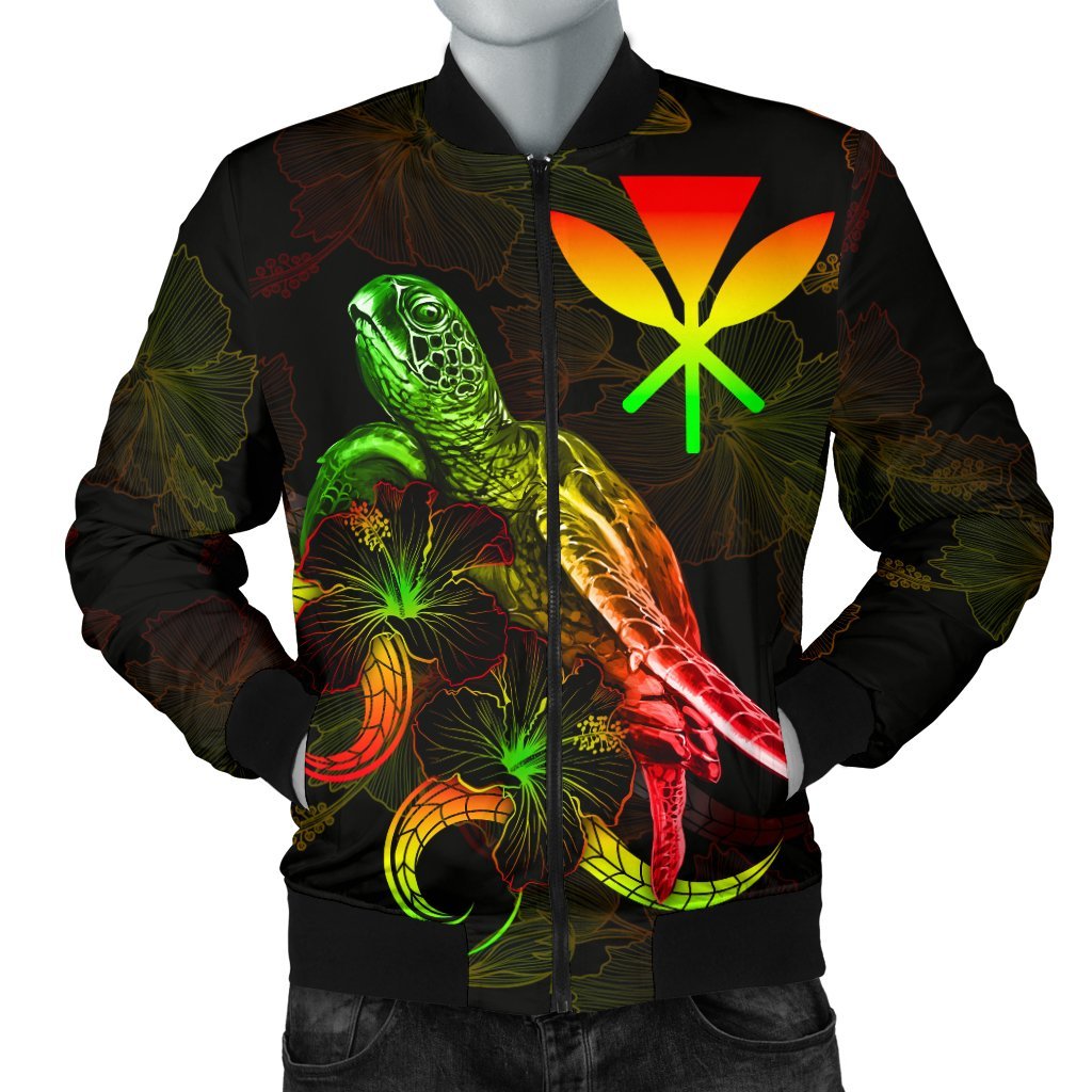 Hawaii Polynesian Men's Bomber Jacket - Turtle With Blooming Hibiscus Reggae Reggae - Polynesian Pride