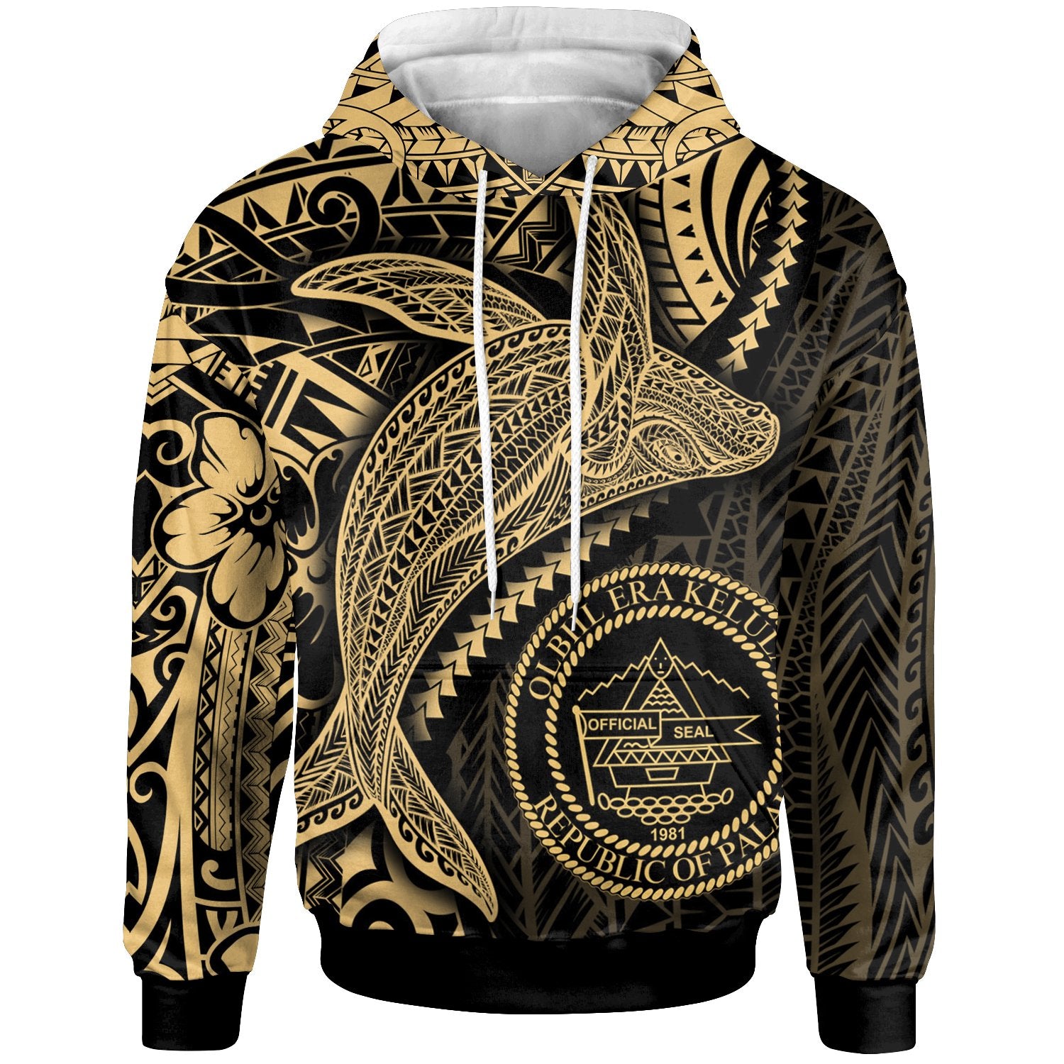 Palau Hoodie Humpback Whale & Coat of Arms Gold Unisex Gold - Polynesian Pride