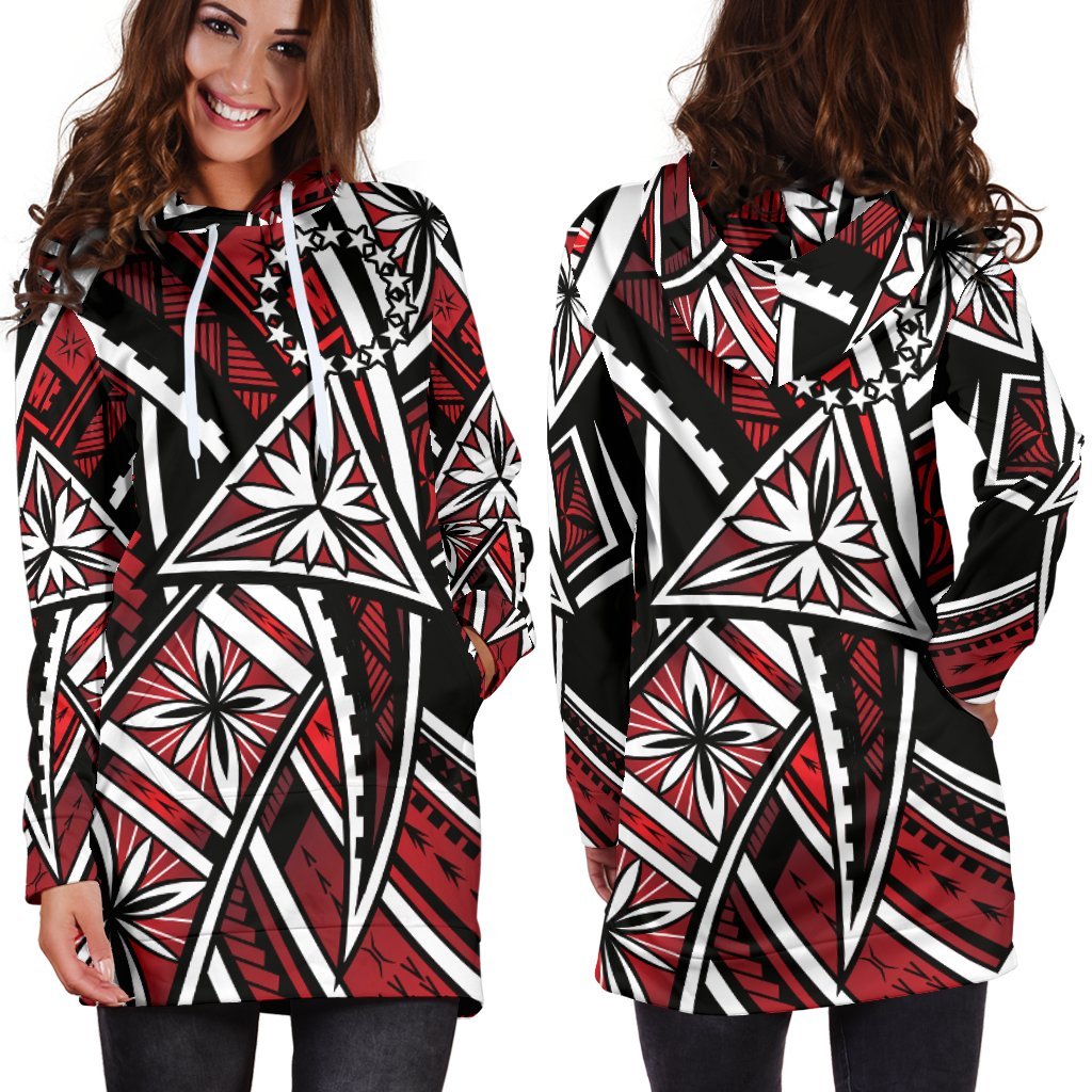 Cook Islands Women's Hoodie Dress - Tribal Flower Special Pattern Red Color Red - Polynesian Pride