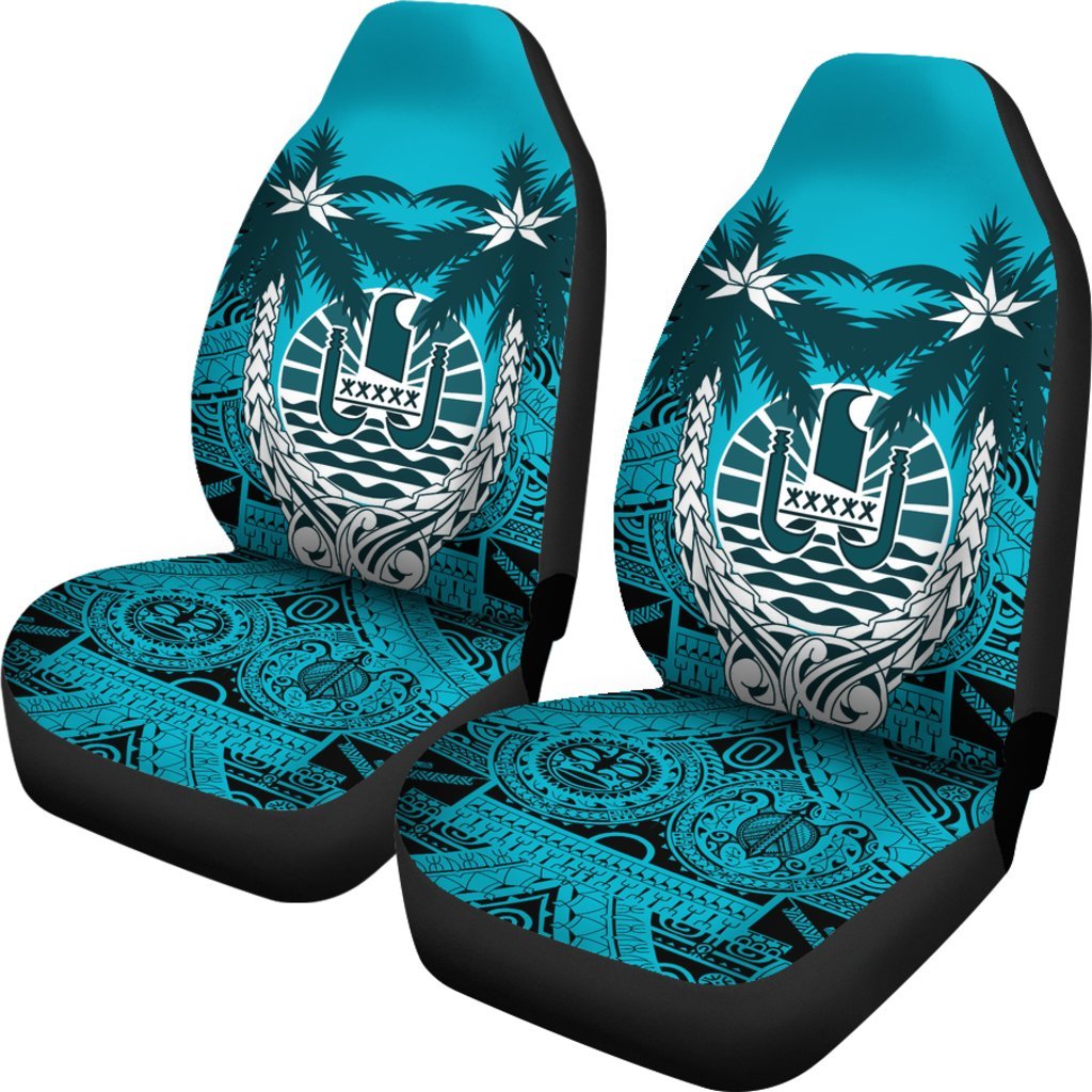 Tahiti Car Seat Covers - Tahiti Flag Coconut Tree Blue Version - A02 Universal Fit Blue - Polynesian Pride