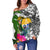 Nauru Women's Off Shoulder Sweater White - Turtle Plumeria Banana Leaf Crest - Polynesian Pride