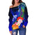 Yap Women's Off Shoulder Sweater - Humpback Whale with Tropical Flowers (Blue) - Polynesian Pride