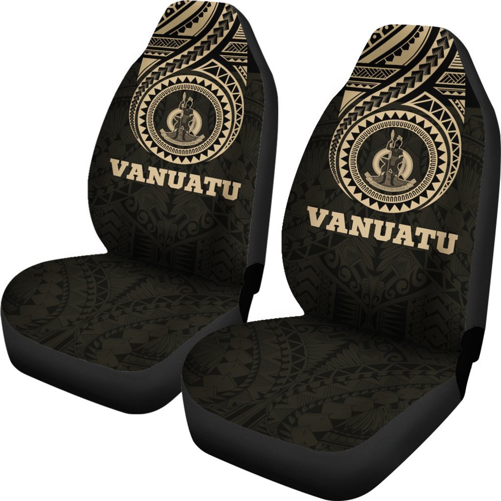 Vanuatu Car Seat Covers - Vanuatu Coat Of Arms Polynesian Tattoo - A7 Universal Fit Black and Gold - Polynesian Pride